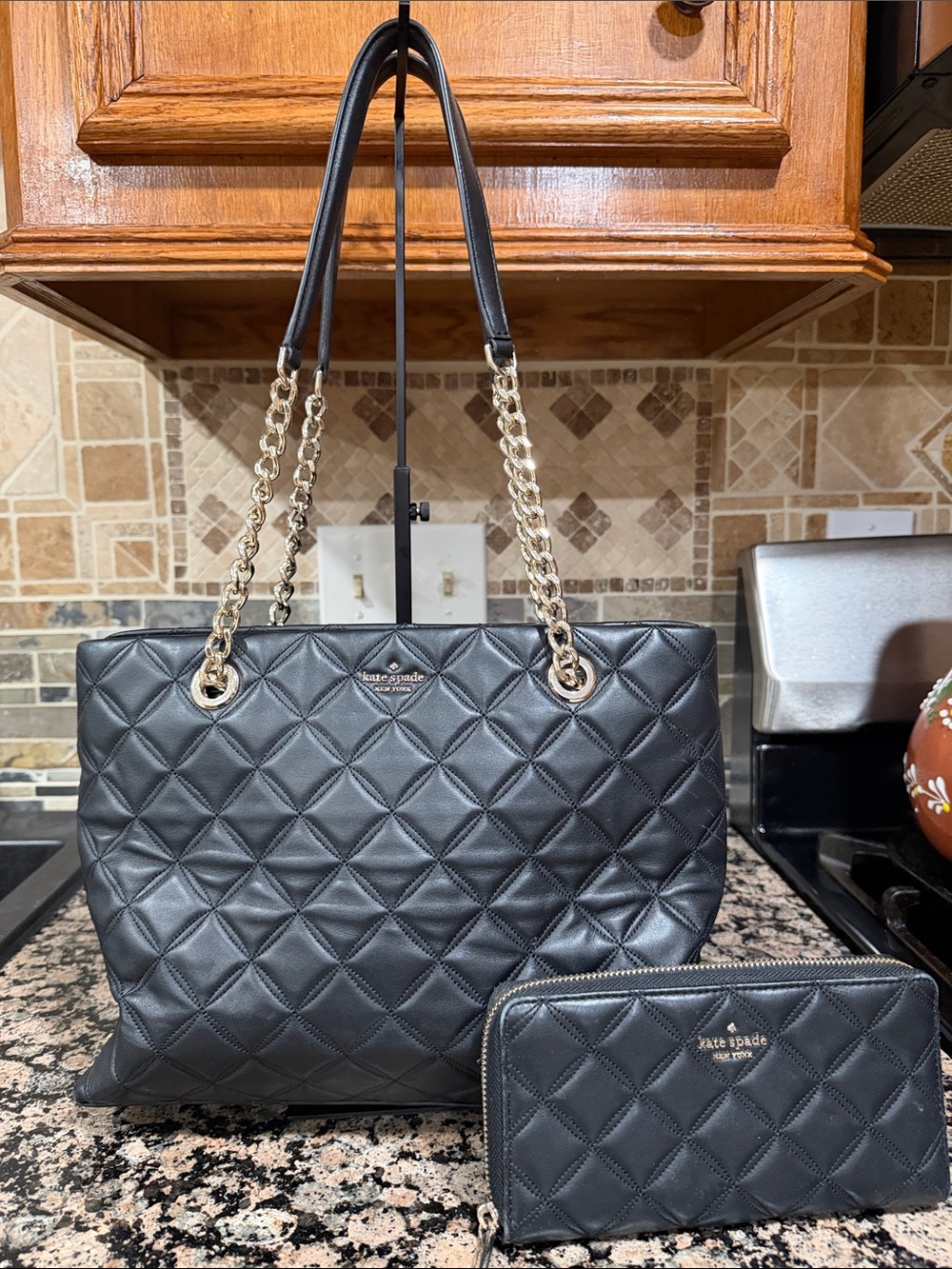 Kate Spade Carey Black Quilted Leather Tote Bag with Matching Wallet